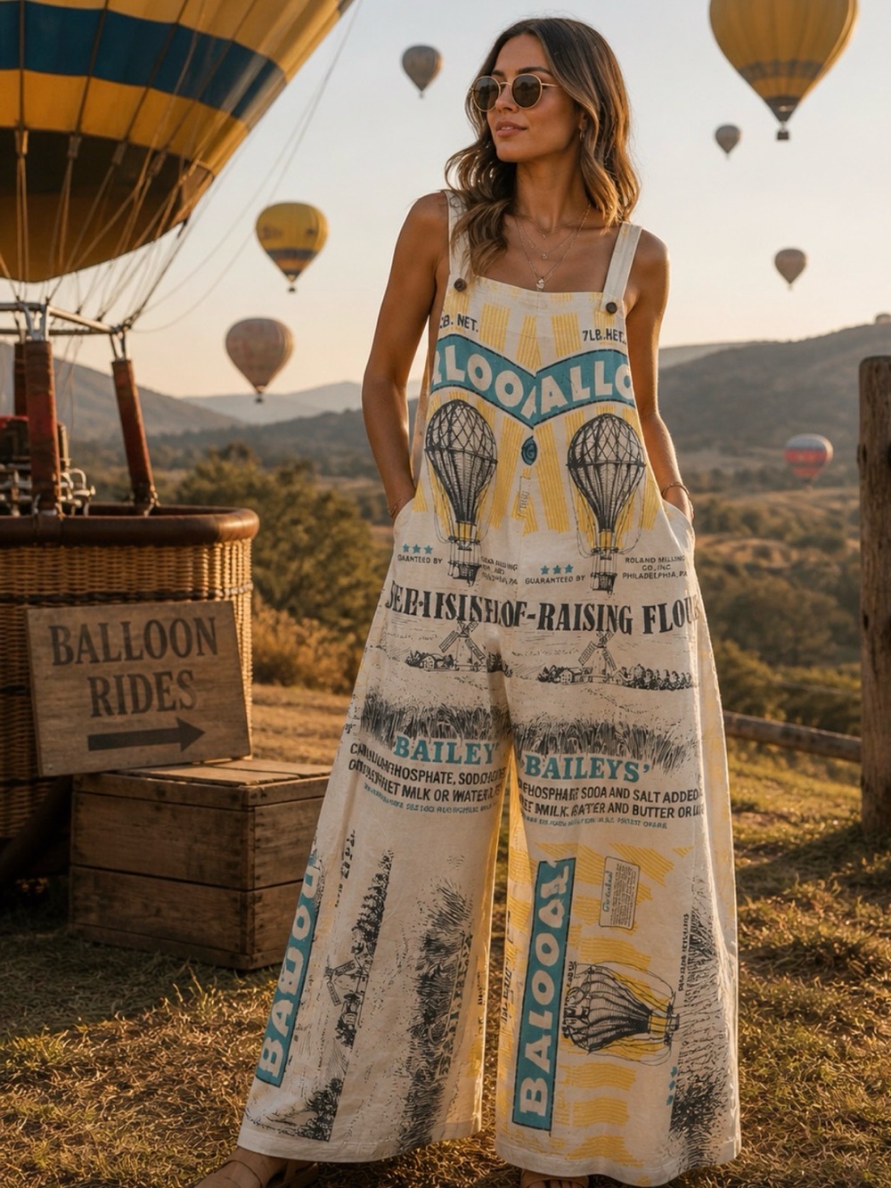 Vintage Balloon-Print Wide-Leg Jumpsuit - Cream/Yellow/Blue
